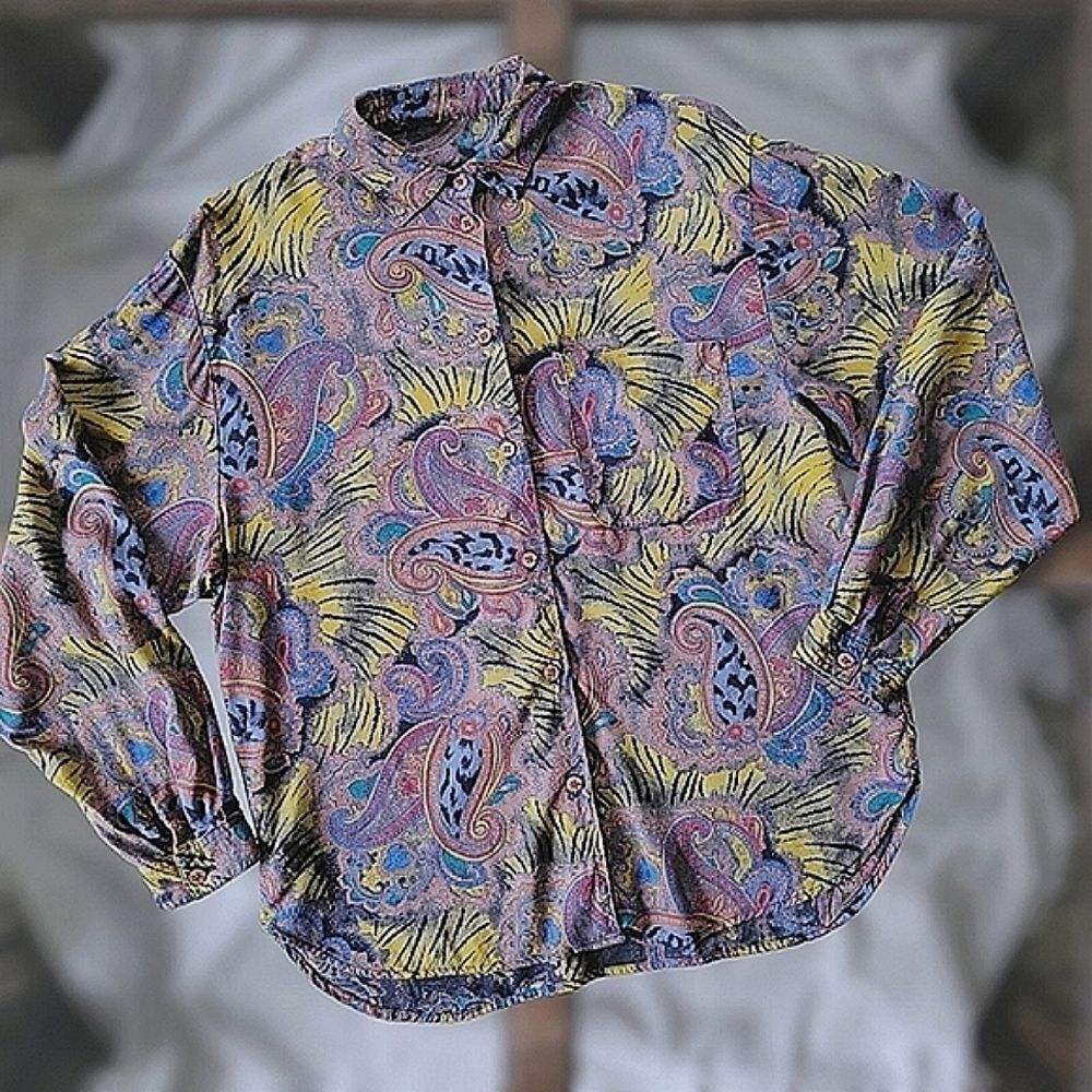Vtg multicolour paisley & mixed animal print dress shirt